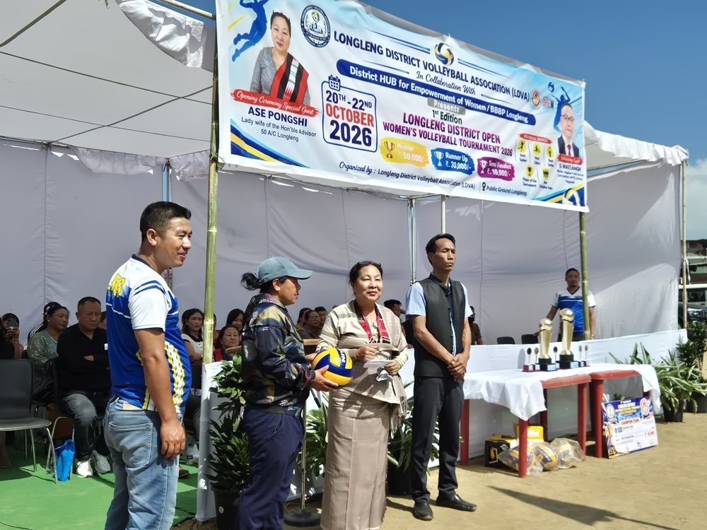 Ase Pongshi declares the tournament open during the Longleng District Open Women's Volleyball Tournament 2026 at the Local Ground, Longleng, on October 20.